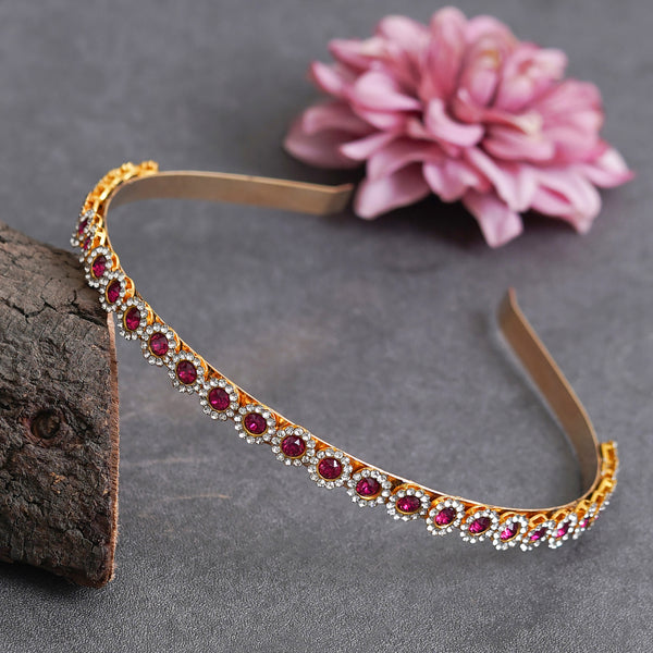Gold Plated Brass Hairband/Mathapatti Hair Band (Red)
