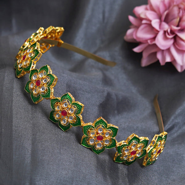 Gold Plated Brass Hairband/Mathapatti Hair Band (Green)