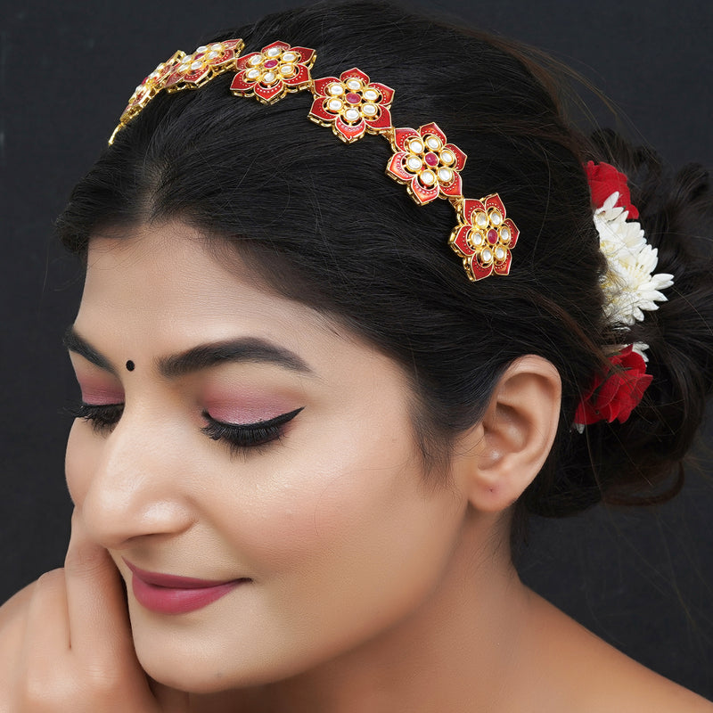 Gold Plated Brass Hairband/Mathapatti Hair Band  (Red)