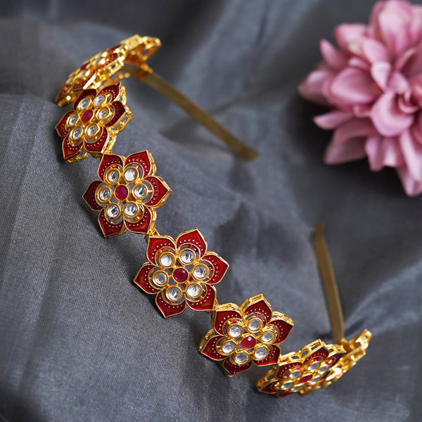 Gold Plated Brass Hairband/Mathapatti Hair Band (Red)
