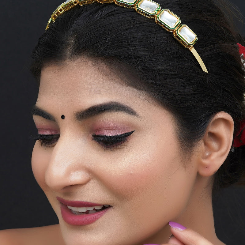 Gold Plated Brass Square Kundan Hairband/Mathapatti