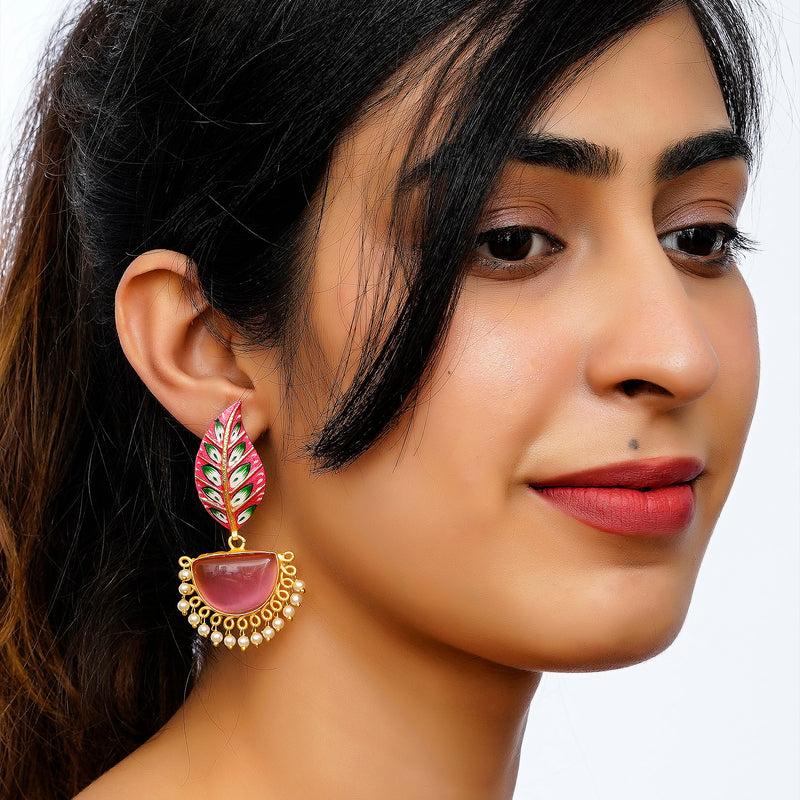 Gold-Plated Leaf Shaped Crystal Drop Earrings Brass Drops & Danglers