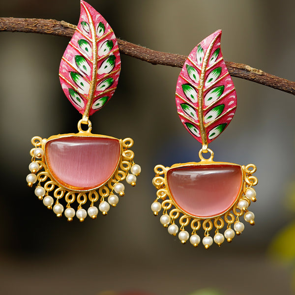 Gold-Plated Leaf Shaped Crystal Drop Earrings Brass Drops & Danglers