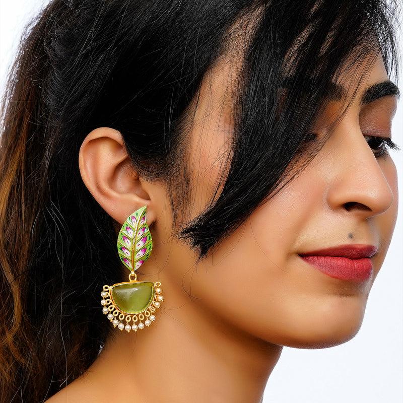 Gold-Plated Leaf Shaped Crystal Drop Earrings Brass Drops & Danglers