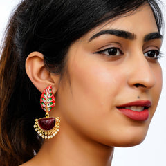 Traditional women brass metal red meenakari jhumka earrings