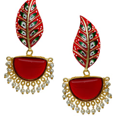 Traditional women brass metal red meenakari jhumka earrings