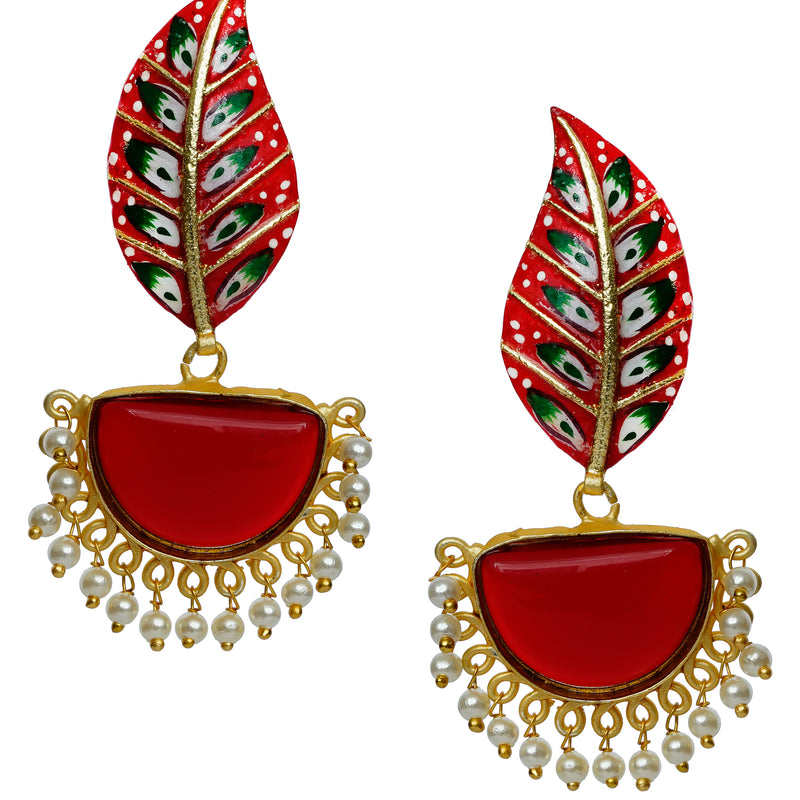 Traditional women brass metal red meenakari jhumka earrings