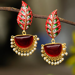 Traditional women brass metal red meenakari jhumka earrings
