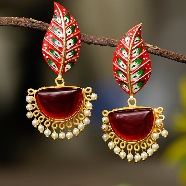 Traditional women brass metal red meenakari jhumka earrings