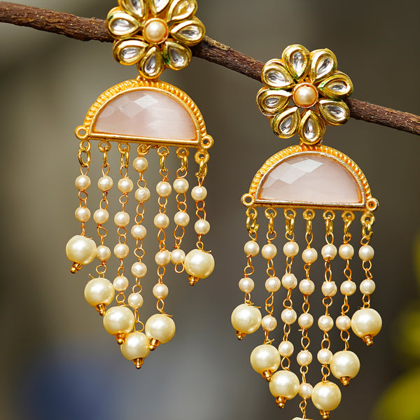 Women Brass Gold Plated Pearl Kundan Hanging Earrings (Light Pink)