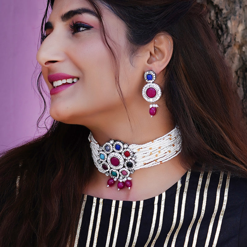 Black Silver Multicolor Jewel Set  (Pack of 1)