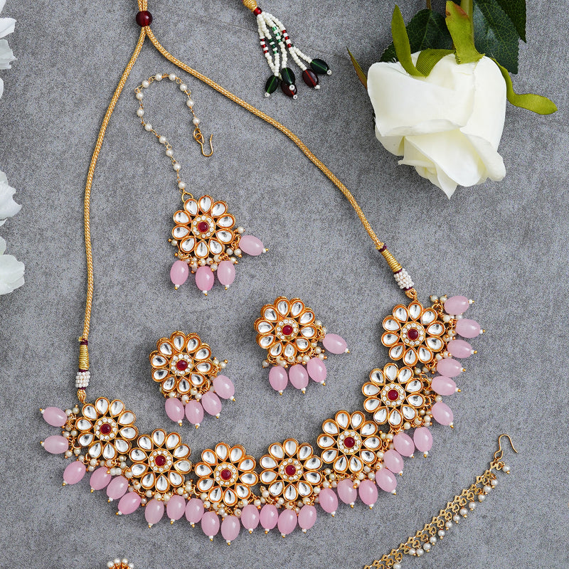 Brass Gold-plated Pink Jewellery Set