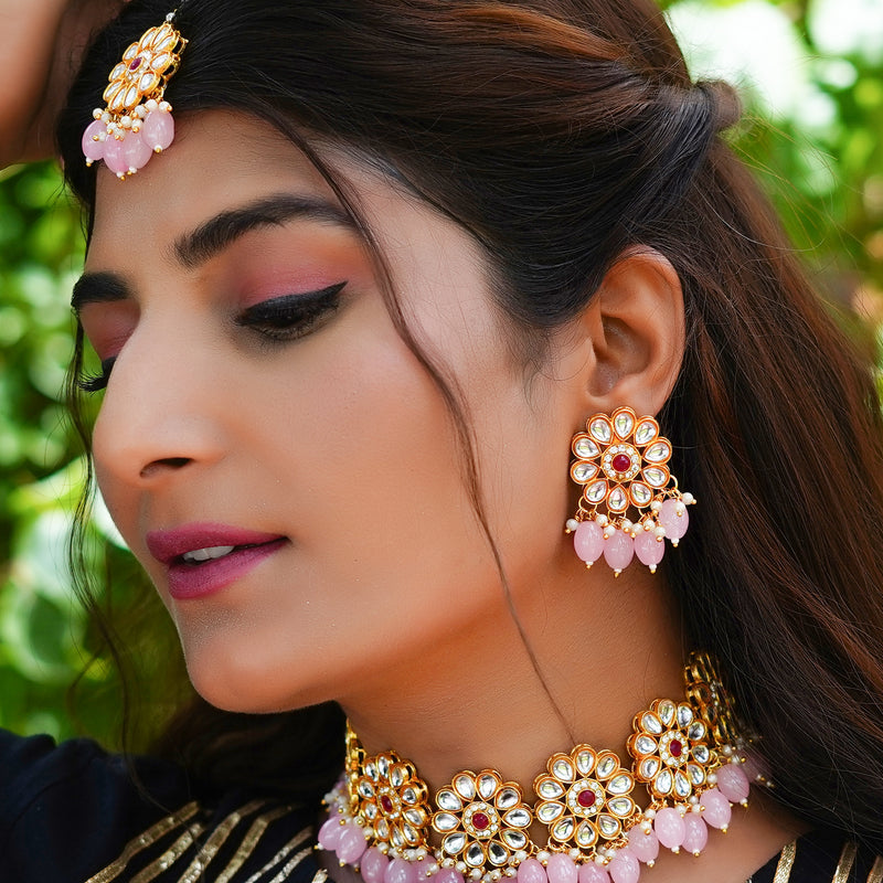 Brass Gold-plated Pink Jewellery Set