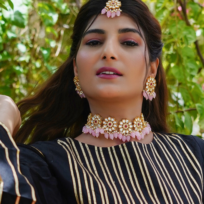 Brass Gold-plated Pink Jewellery Set