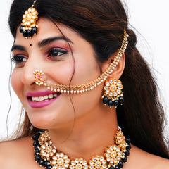 Gold Plated Kundan Stone Studded & Beaded Jewellery Set