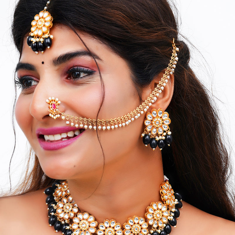 Gold Plated Kundan Stone Studded & Beaded Jewellery Set