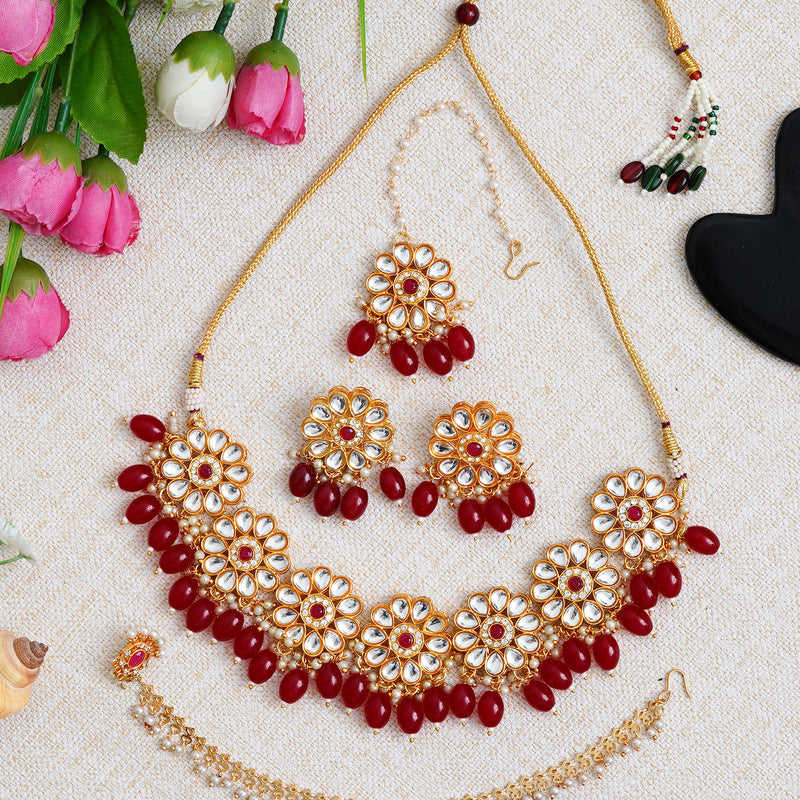 Brass Gold-plated Maroon Jewellery Set