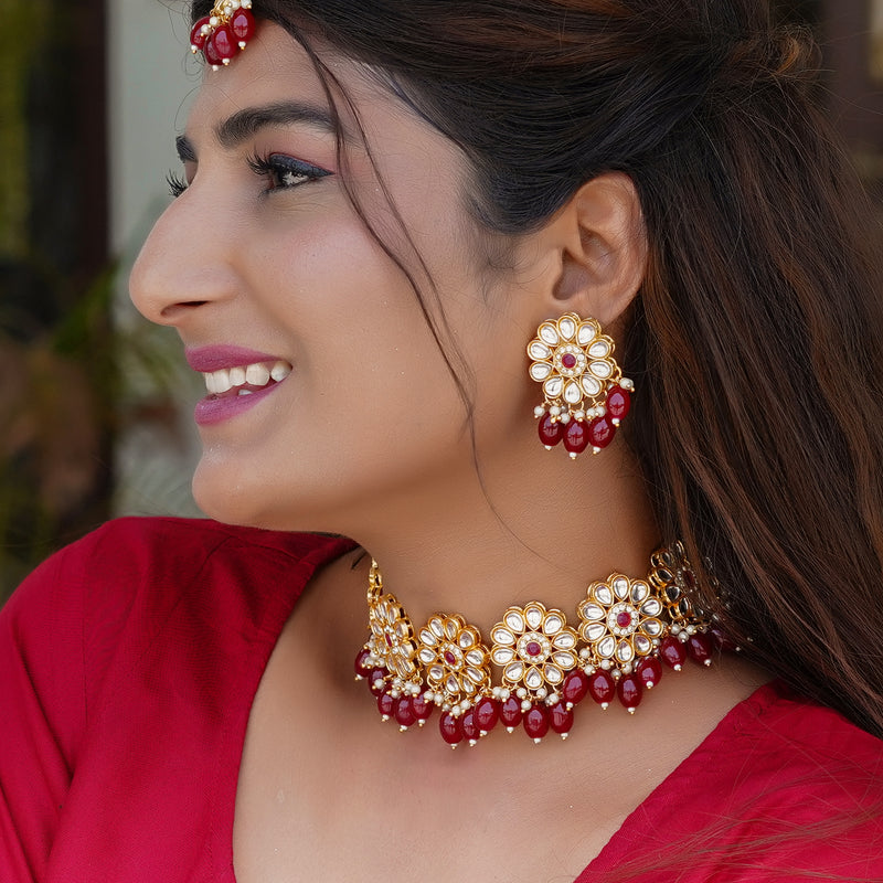 Brass Gold-plated Maroon Jewellery Set