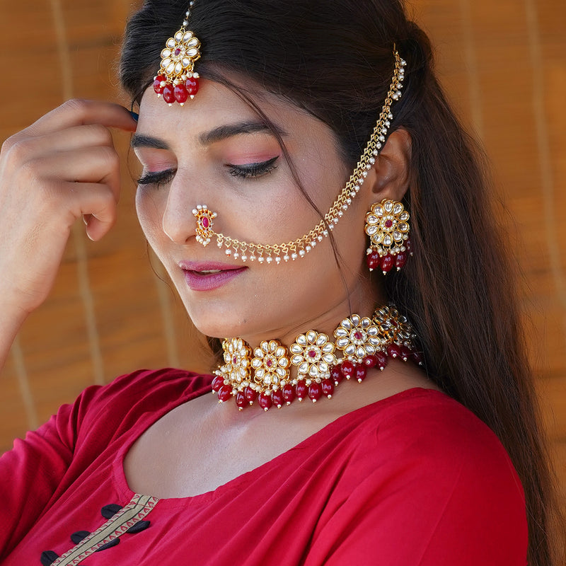 Brass Gold-plated Maroon Jewellery Set