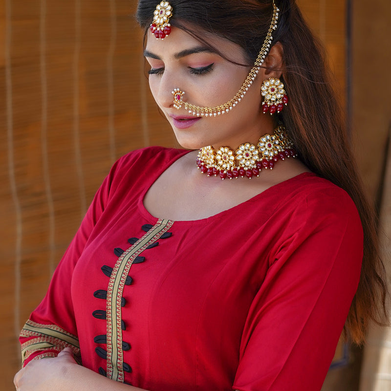 Brass Gold-plated Maroon Jewellery Set