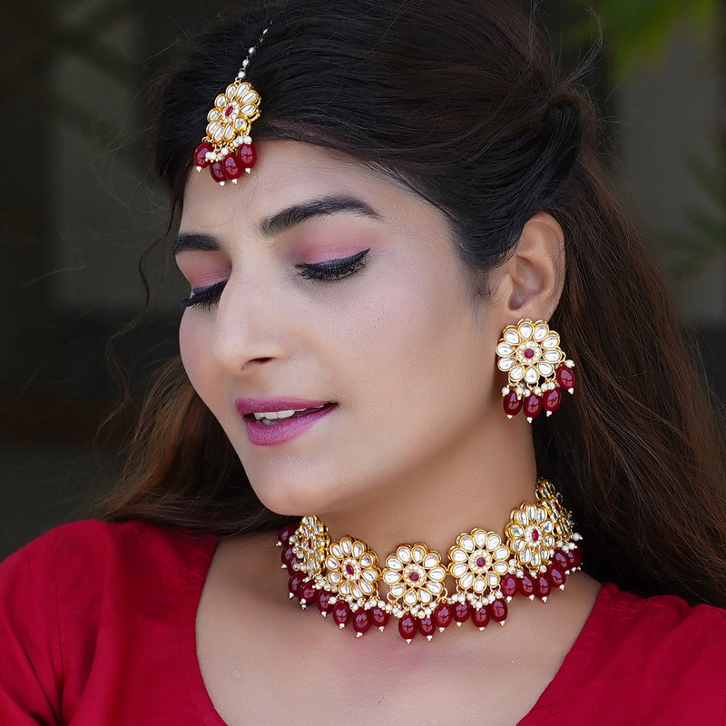Brass Gold-plated Maroon Jewellery Set