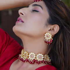 Brass Gold-plated Maroon Jewellery Set