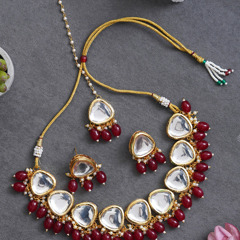 Brass Gold-plated Maroon Jewel Set  (Pack of 4)