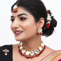 Brass Gold-plated Maroon Jewel Set  (Pack of 4)