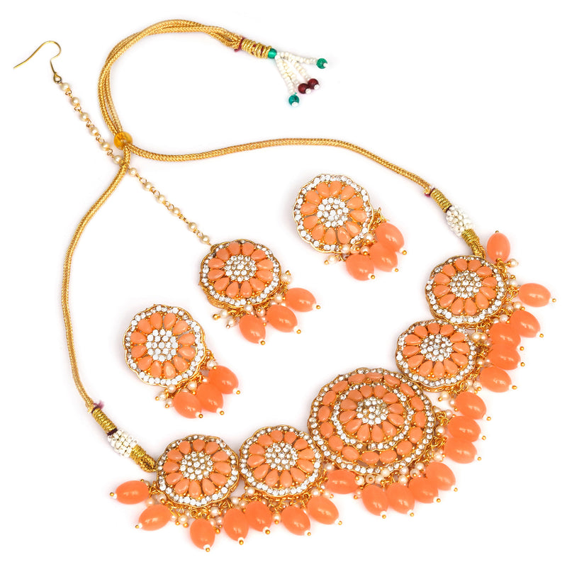 kundan Glass Beads Floral Design Set With Maang Tika