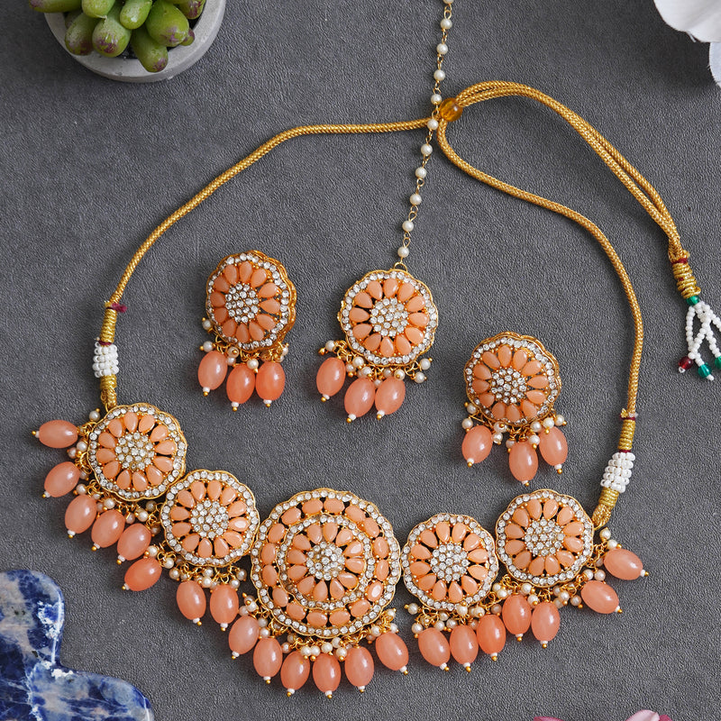 kundan Glass Beads Floral Design Set With Maang Tika