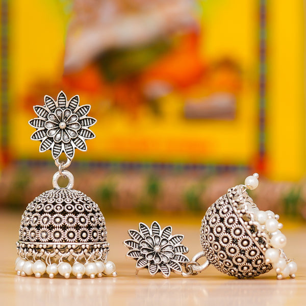 Oxidised Jhumka Earrings Silver Afghani Antique Floral Design Jhumki Pearl Drop Traditional Jewellery for Women and Girls