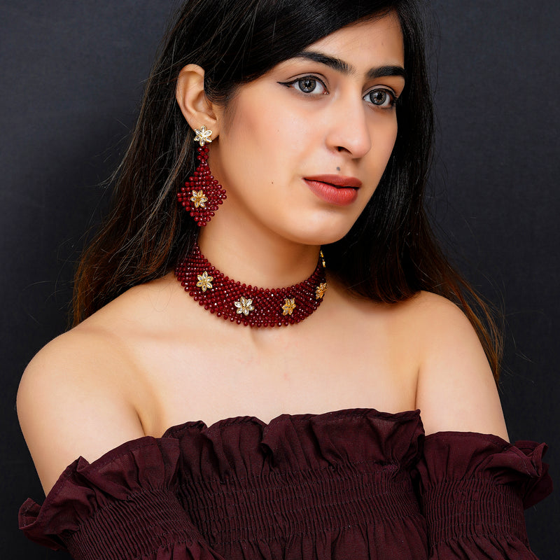 Glass Brass Maroon Jewellery Set