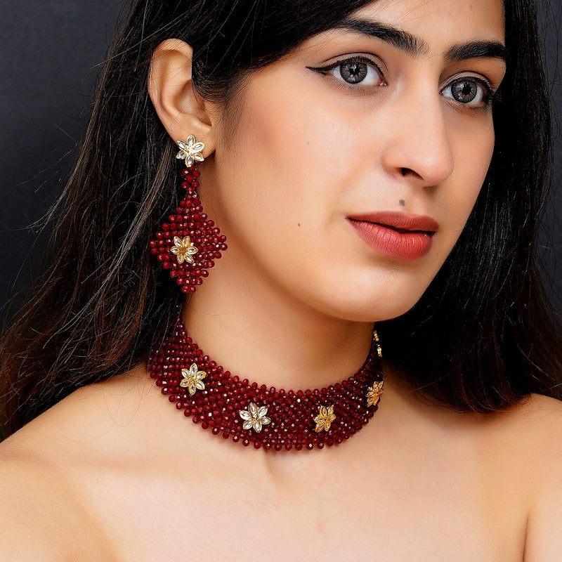 Glass Brass Maroon Jewellery Set