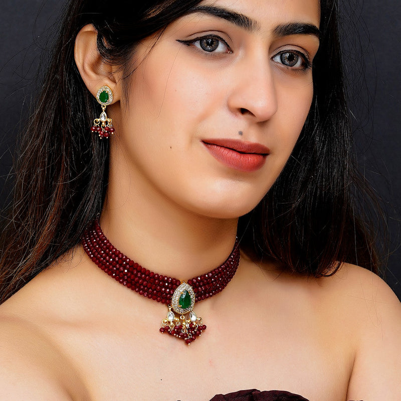 Glass Beads Gold-plated Kundan Studed Fancy Designer Jaipuri Jewellery Set for Women