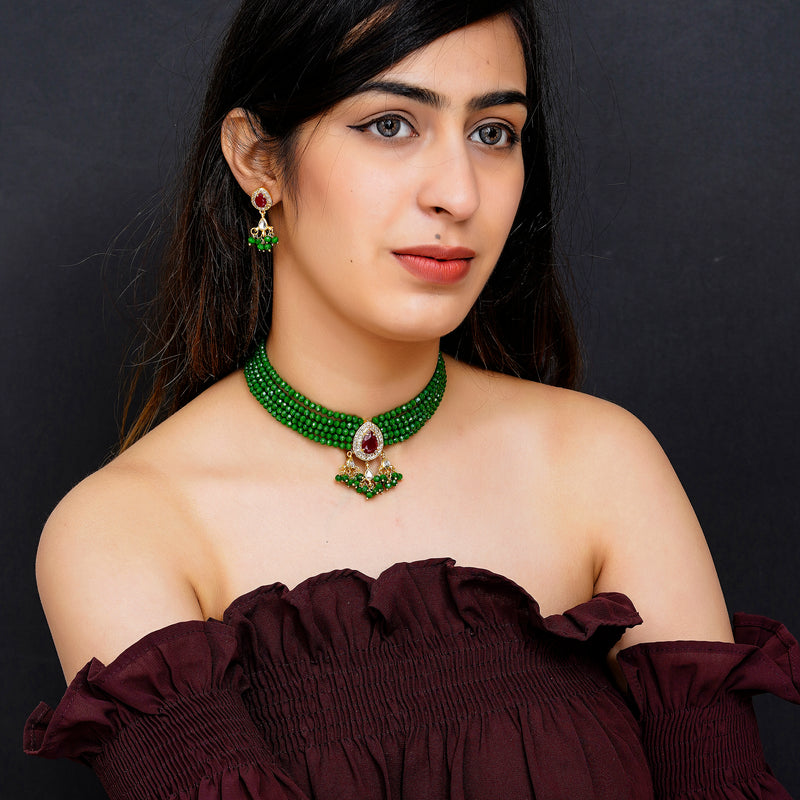 Glass Beads Gold-plated Kundan Designer Jaipuri Jewellery Set for Women