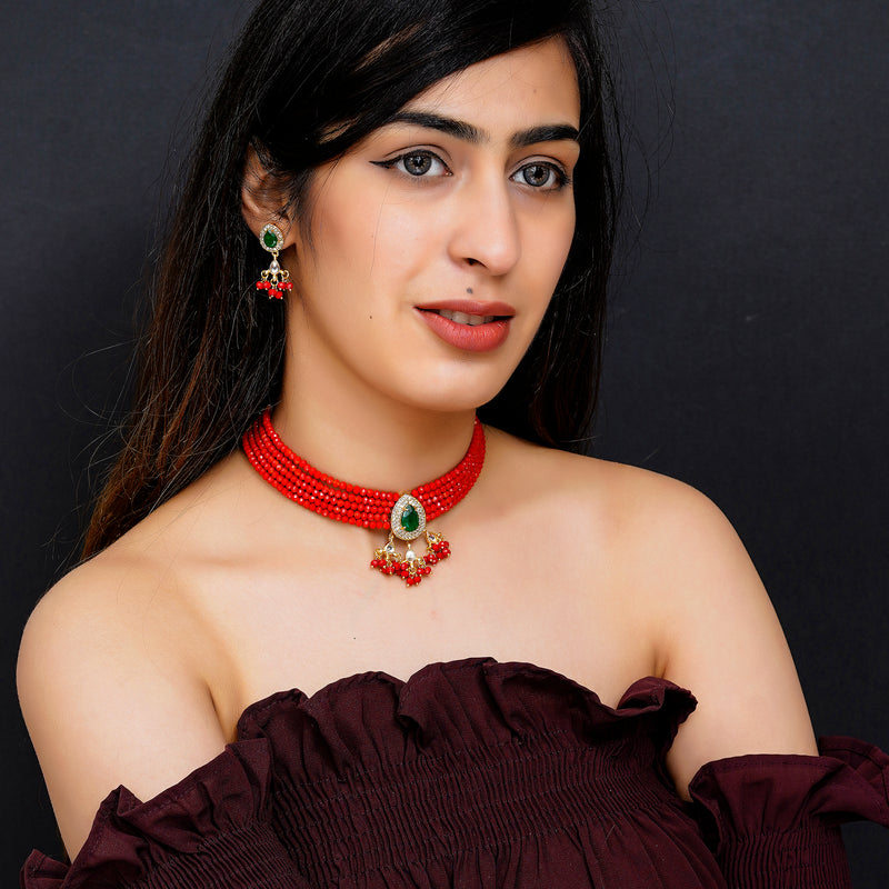 Glass Beads Gold-plated Kundan Designer Jaipuri Jewellery Set for Women