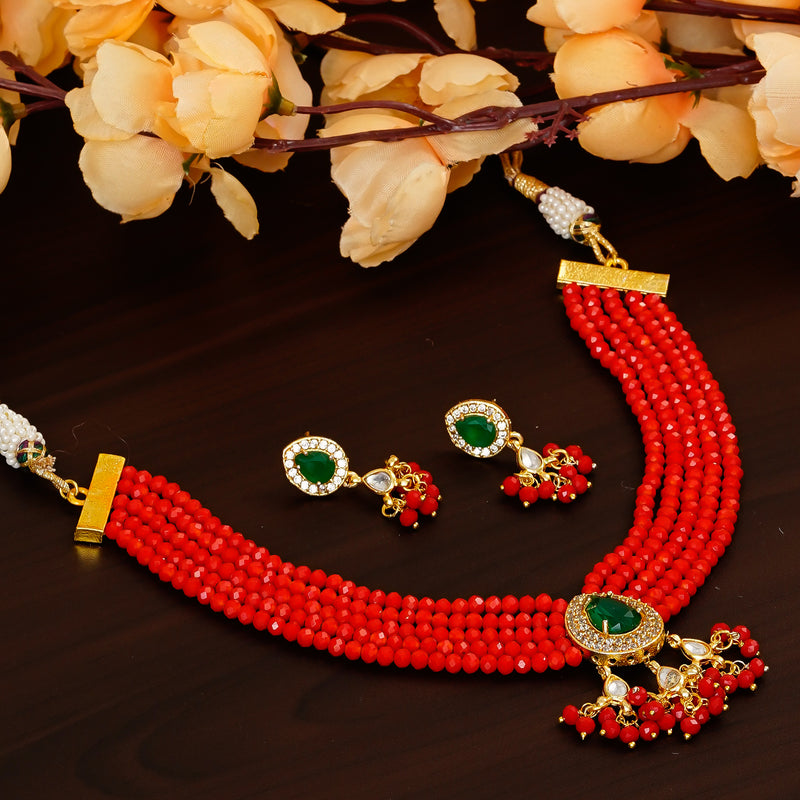 Glass Beads Gold-plated Kundan Designer Jaipuri Jewellery Set for Women