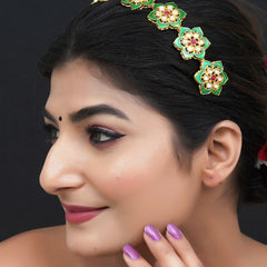 Gold Plated Brass Hairband/Mathapatti Hair Band  (Green)