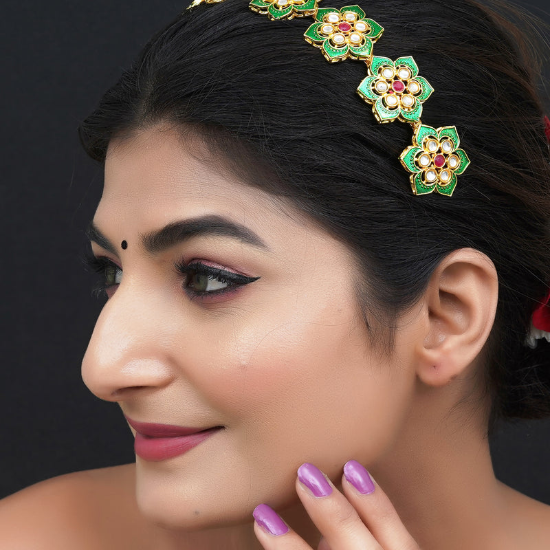 Gold Plated Brass Hairband/Mathapatti Hair Band  (Green)