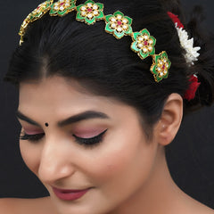 Gold Plated Brass Hairband/Mathapatti Hair Band  (Green)