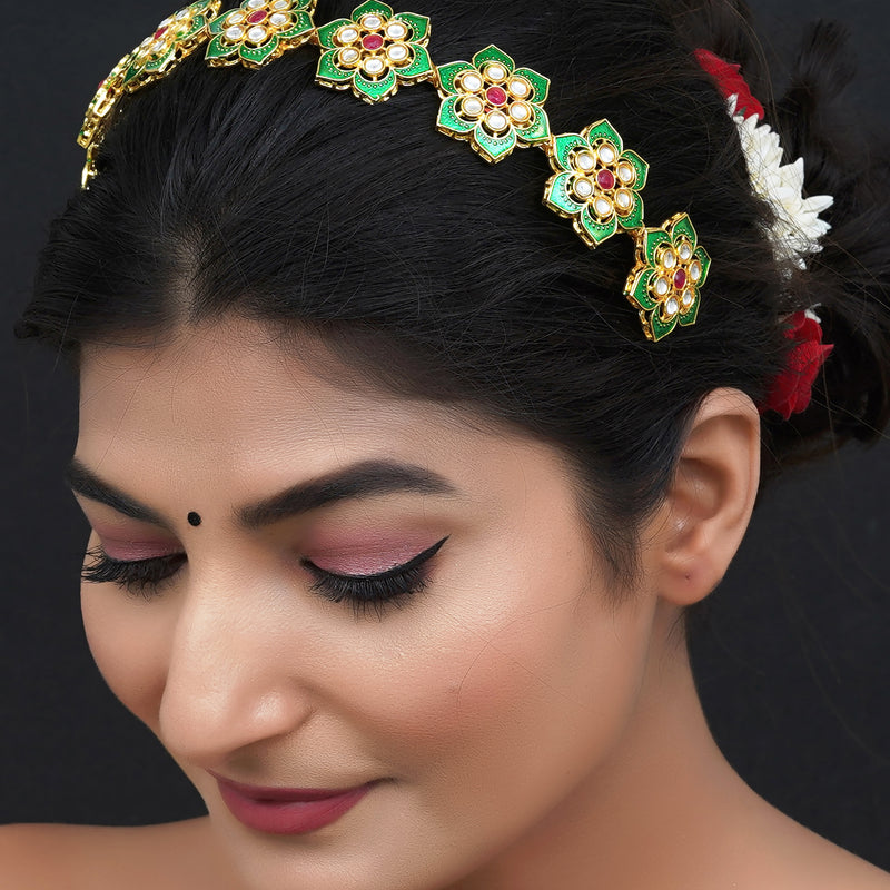 Gold Plated Brass Hairband/Mathapatti Hair Band  (Green)