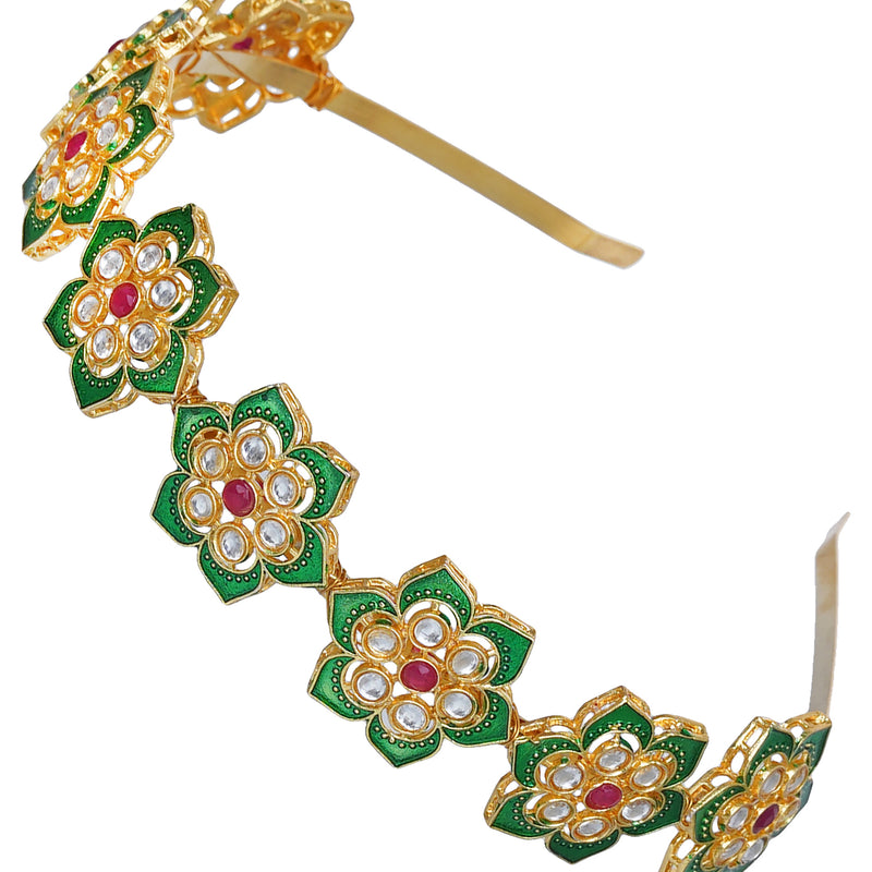 Gold Plated Brass Hairband/Mathapatti Hair Band  (Green)