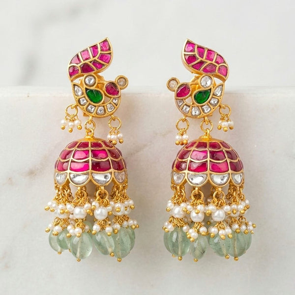 Traditional Pink Enamel and Green Bead Kundan jadau Jhumka Earrings