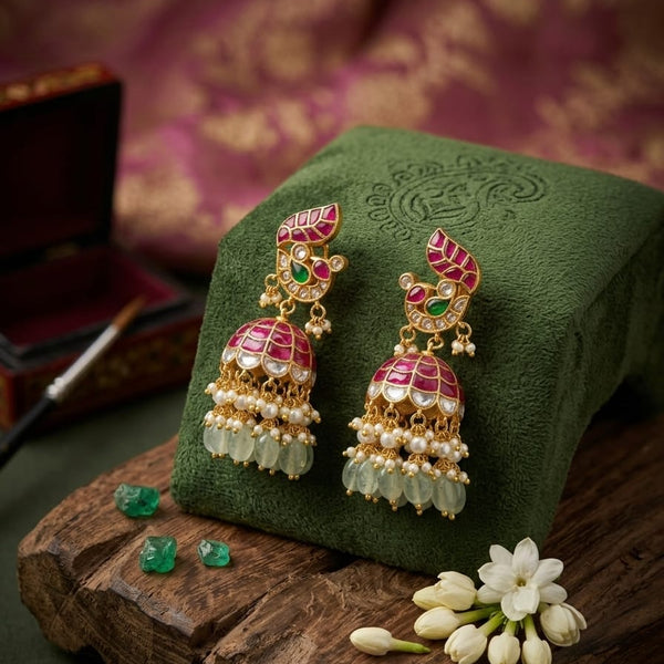 Traditional Pink Enamel and Green Bead Kundan jadau Jhumka Earrings