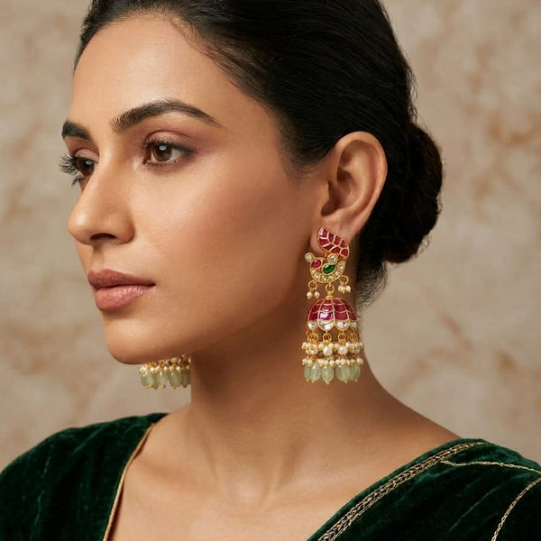 Traditional Pink Enamel and Green Bead Kundan jadau Jhumka Earrings