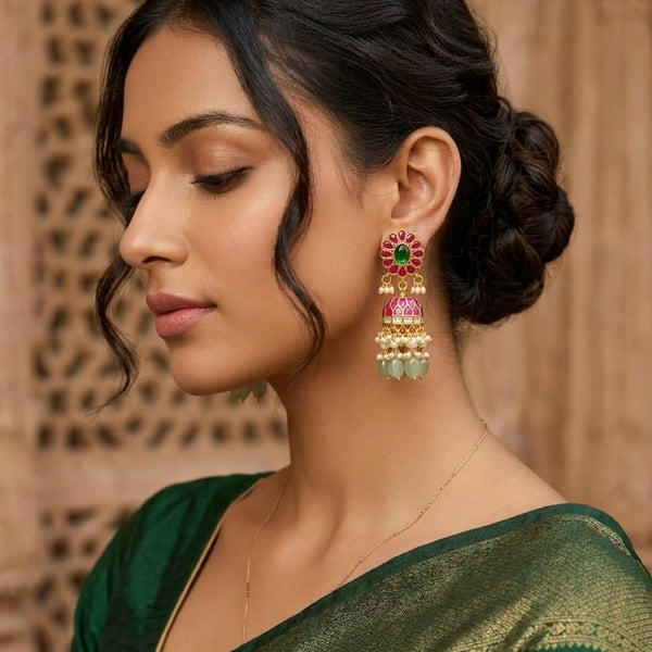 Heritage Gold-Plated Kundan Jadau Jhumka Earrings with Ruby, Emerald, and Mint Green Beads