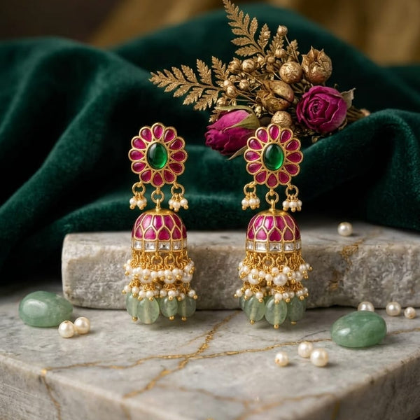 Heritage Gold-Plated Kundan Jadau Jhumka Earrings with Ruby, Emerald, and Mint Green Beads