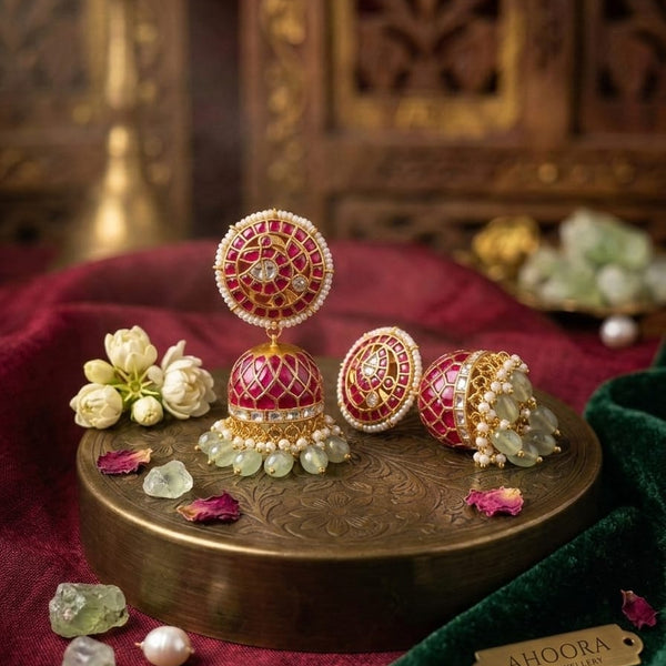 Indian Bridal Jhumka Earrings – Pink & Green Stone Gold Jewelry with Pearl Drops