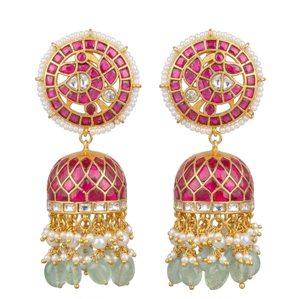 Indian Bridal Jhumka Earrings – Pink & Green Stone Gold Jewelry with Pearl Drops
