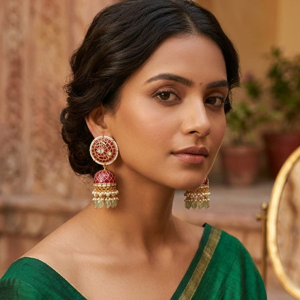Indian Bridal Jhumka Earrings – Pink & Green Stone Gold Jewelry with Pearl Drops